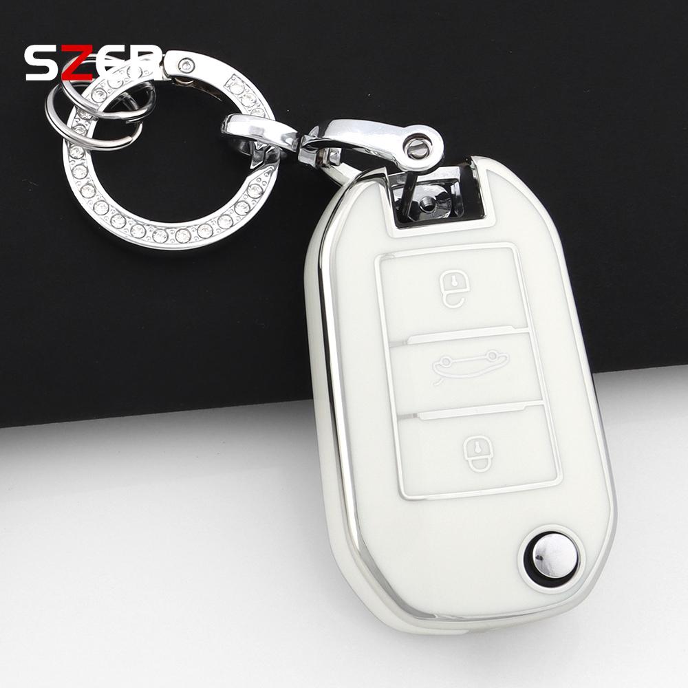 Tpu Car Flip Key Case Cover For Peugeot 208 308 408 508 2008 3008 4008 5008 For Citroen C3 C4 Cactus C6 C8 Protector Keychain