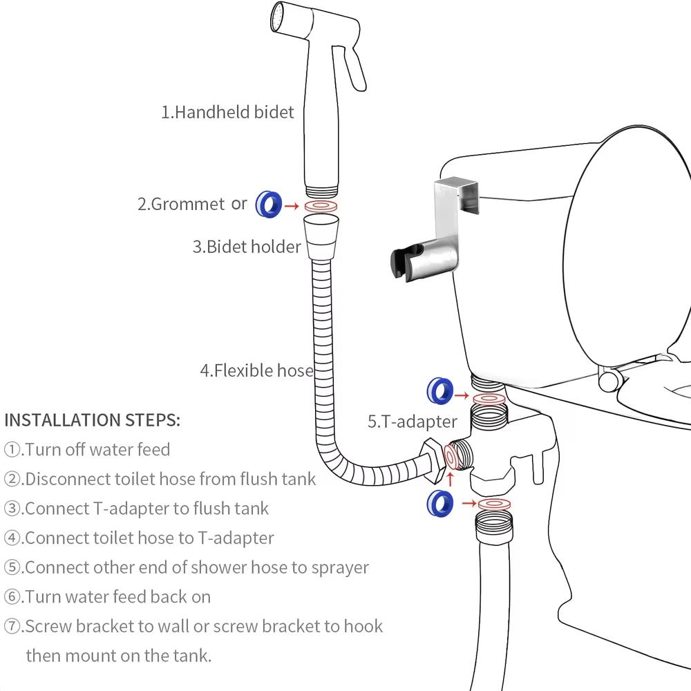 Portable Toilet Bidet Sprayer Gun, Holder Self-Cleaning Washing, Bidet Faucet Spray, 3-Way Valve, Bathroom Showerhead Hose