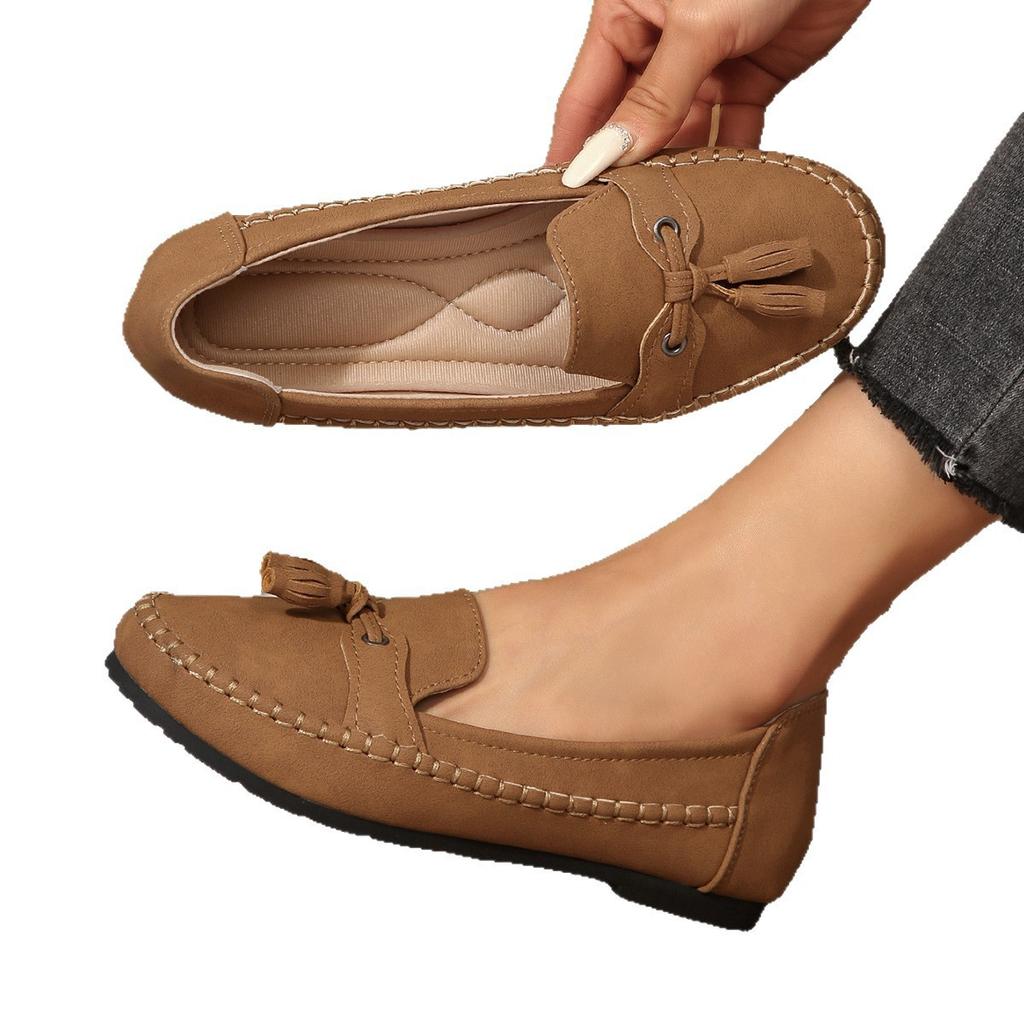 Foreign trade large-size single shoes, new solid-color stitched women's flat-soled loafers in the summer of 2025, one pedal Doudou shoes