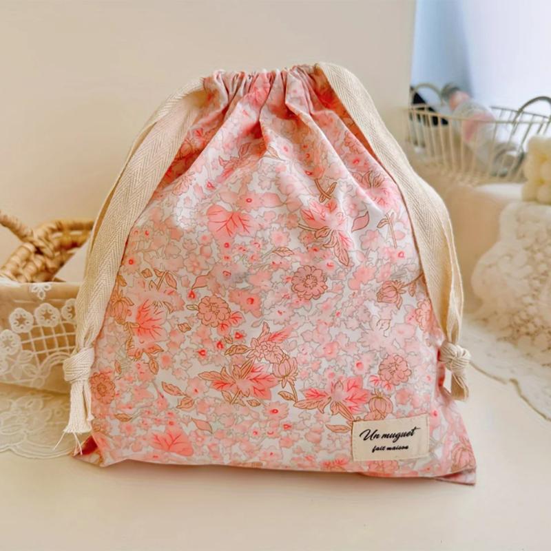 1pcs Forest Style Handmade Floral Cotton Drawstring Bag Vintage Storage Pouch for Underwear Travel Organizer Pouch