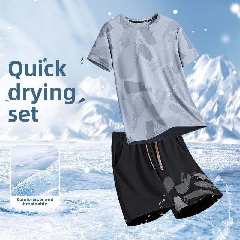 Men's T-Shirt +Shorts Two Piece Suit Summer Quick Dry Breathable Fitness Short Sleeve Sets Outdoor Tennis Sports Outfit