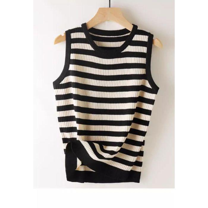 Dámský jarně-letní pruhovaný pletený tílko z ledového hedvábí - Volný, zeštíhlující, bez rukávů, kulatý výstřih