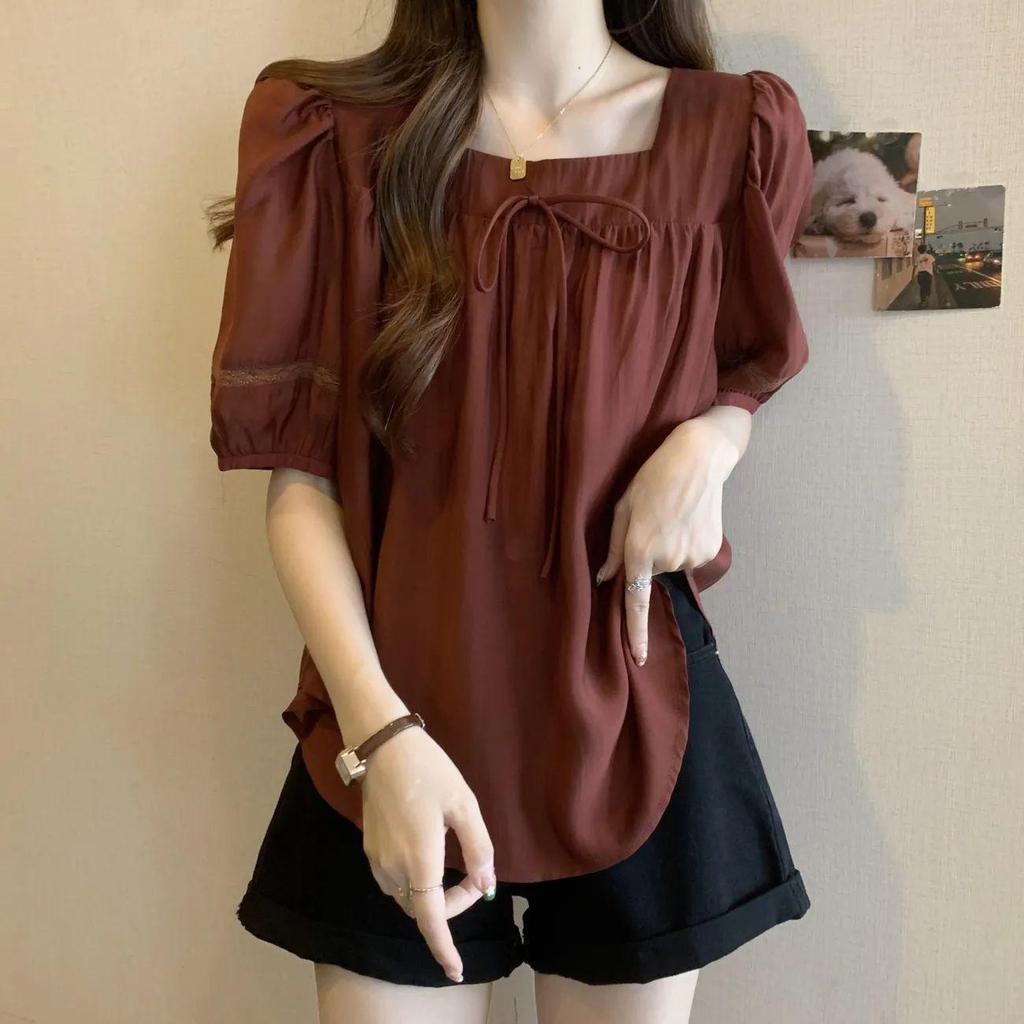 Women's Plus Size Square Neck Puff Sleeve Top - Summer 2025, Loose Slimming Tummy-Concealing Design