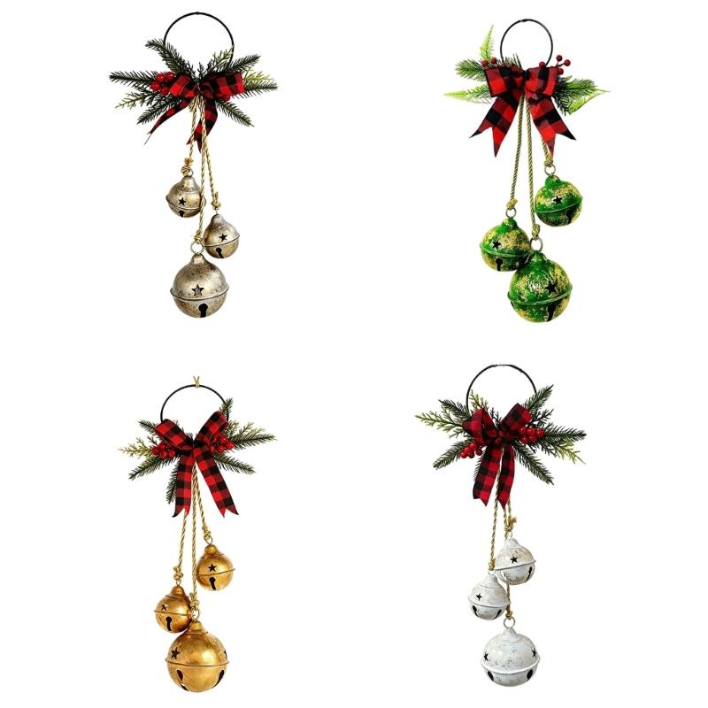 Metal Jingled Bells Christmas Hanging Ornaments Metal Bells Cluster with Tartans Ribbon for Mantels and Entryway Displays