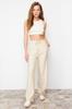 Women's Style Trousers Beige Thick Striped Straight Cut Stretch Trousers