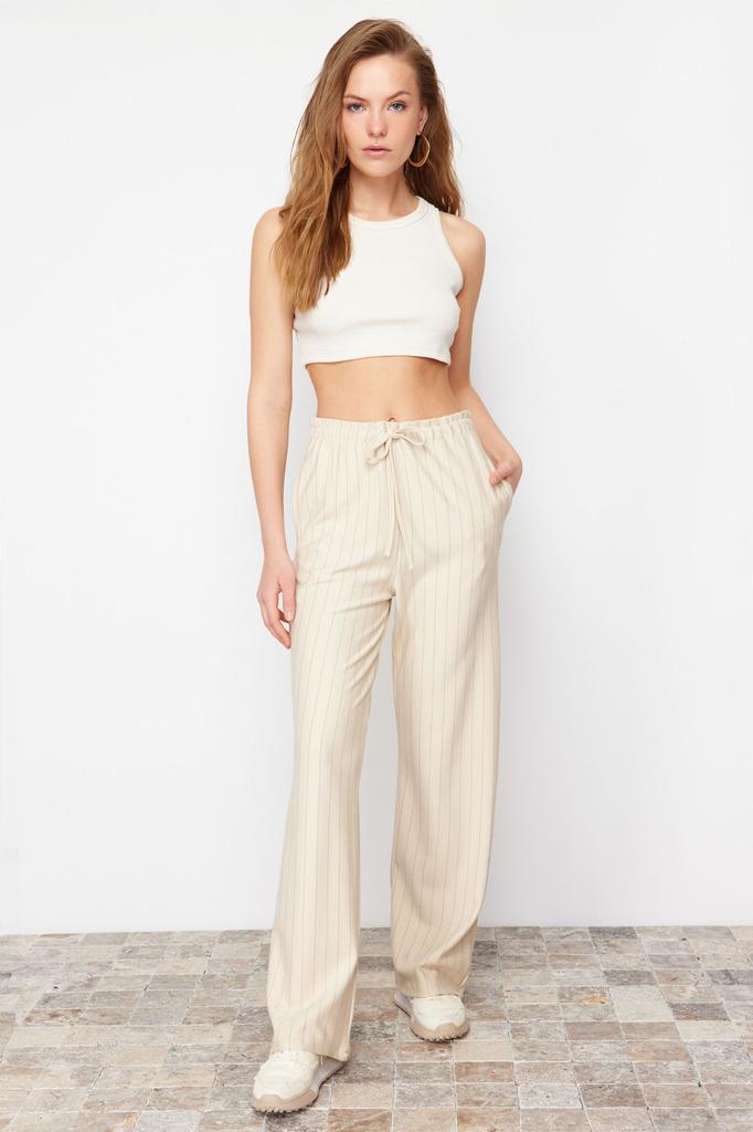 Women's Style Trousers Beige Thick Striped Straight Cut Stretch Trousers