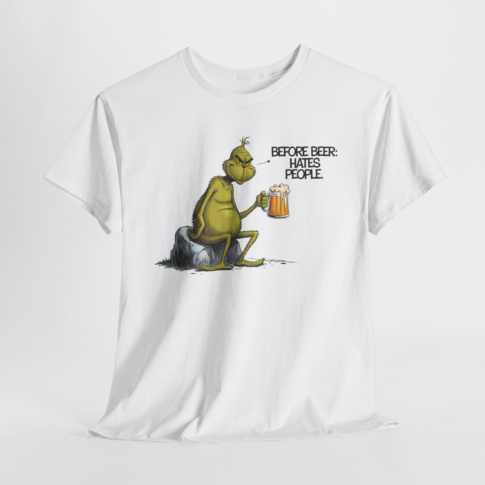 

Unisex T-Shirt Mens Womens Tees Top Tee, Funny Drinking Shirt, Hates People Before Beer, Cartoon Grinch Gift 4XL