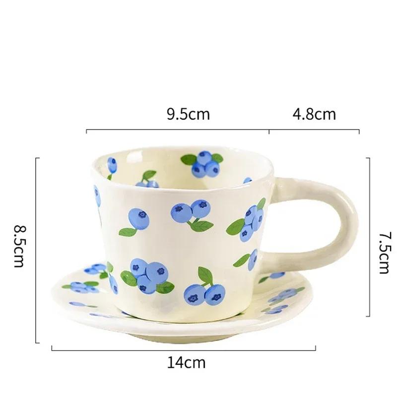 Hand Pinched Ceramic Mugs and Saucers Coffee Cup Cute Hand Painted Floral Blueberry Love Milk Tea Cups Breakfast Drinkware Mugs