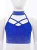 Kids Gymnastics Top Halter Sleeveless with Sparkling Rhinestones Cross Front Backless Dance Wear Costume