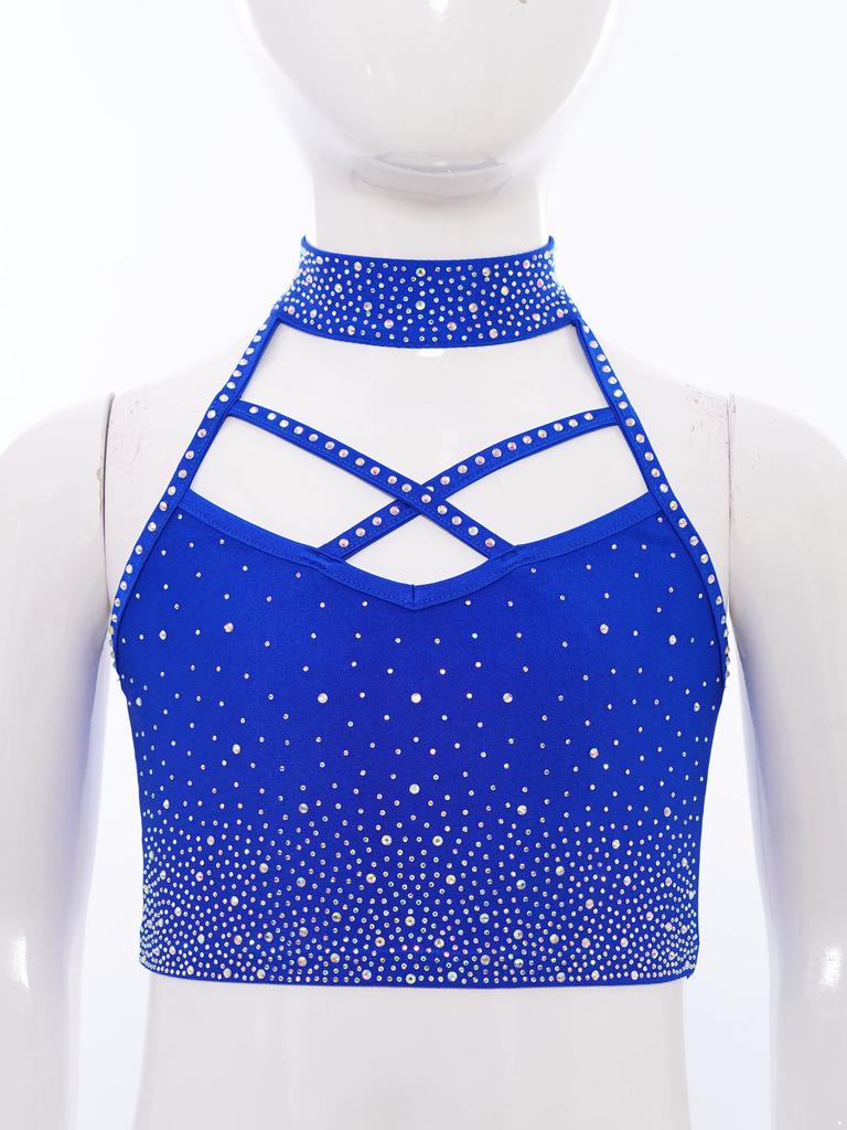 Kids Gymnastics Top Halter Sleeveless with Sparkling Rhinestones Cross Front Backless Dance Wear Costume