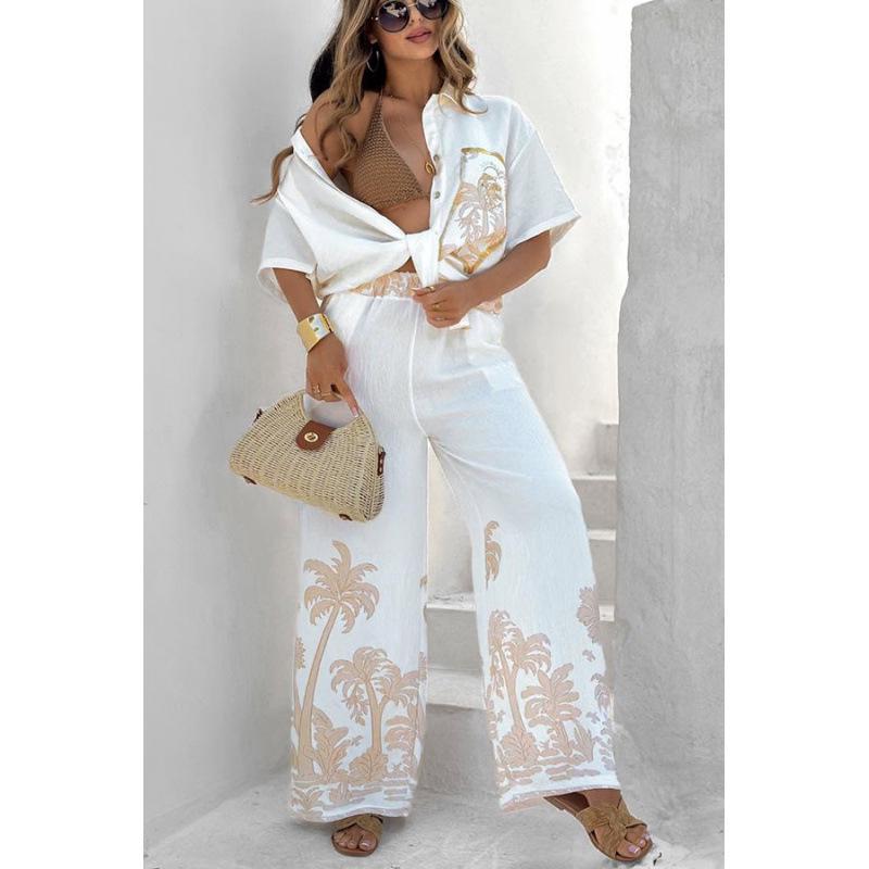Costume décontracté en coton et lin d'été européen-américain 2026: Ensemble deux pièces de plage pour femme Pantalon large imprimé