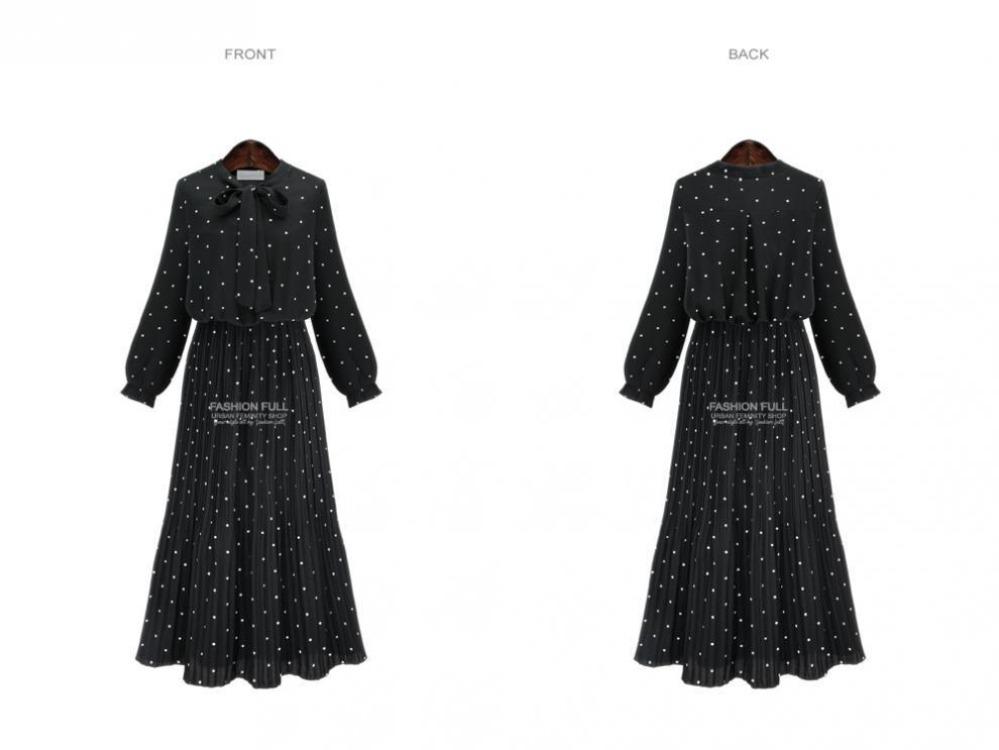 Übergröße Böhmisches Gepunktetes Plissee Langarmkleid für Damen