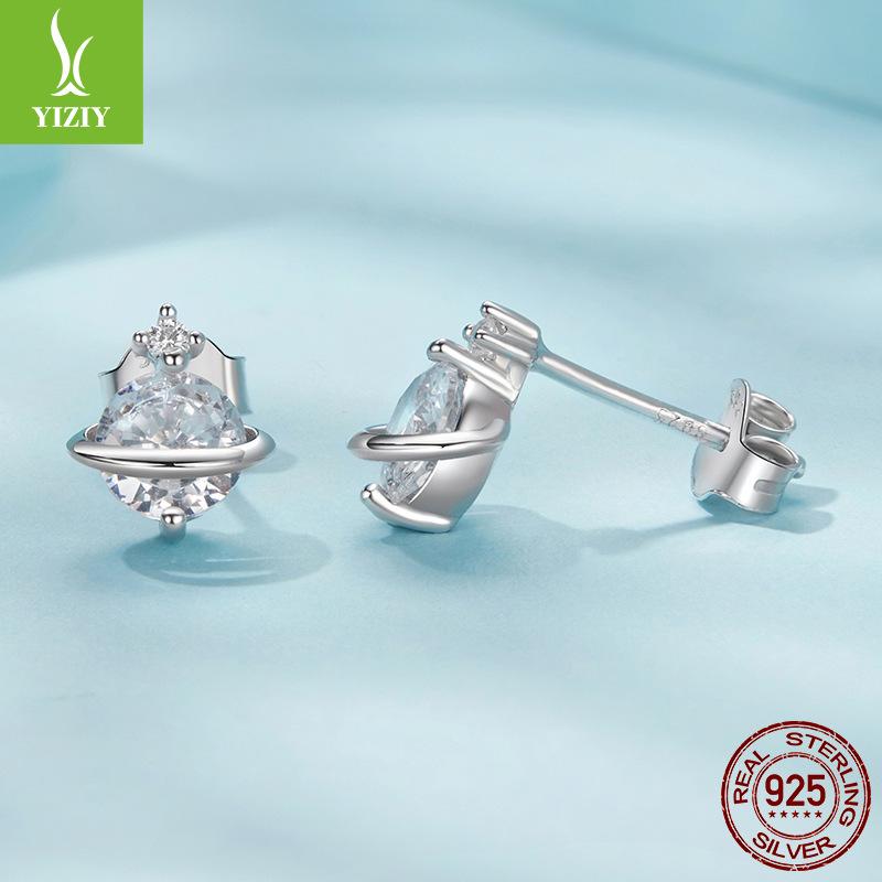 Simple Shining Zircon Planet Stud Earrings, Fashionable Light Luxury S925 Sterling Silver Stud Earrings.