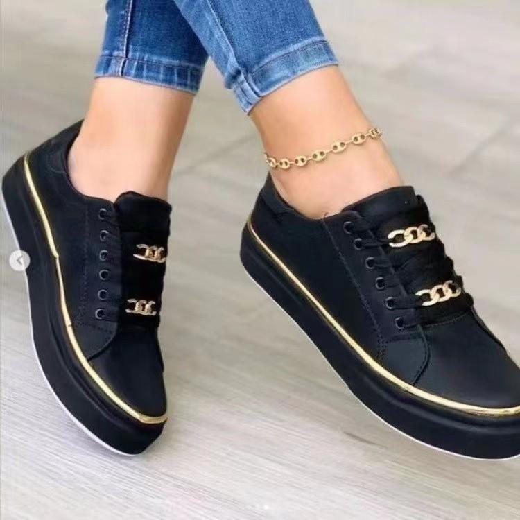 Plus Size Women Sneakers 2024 Shoes Female Lace Up Women's Vulcanize Shoes Chain Round Toe Flat with Outdoor Ladies Casual Shoes