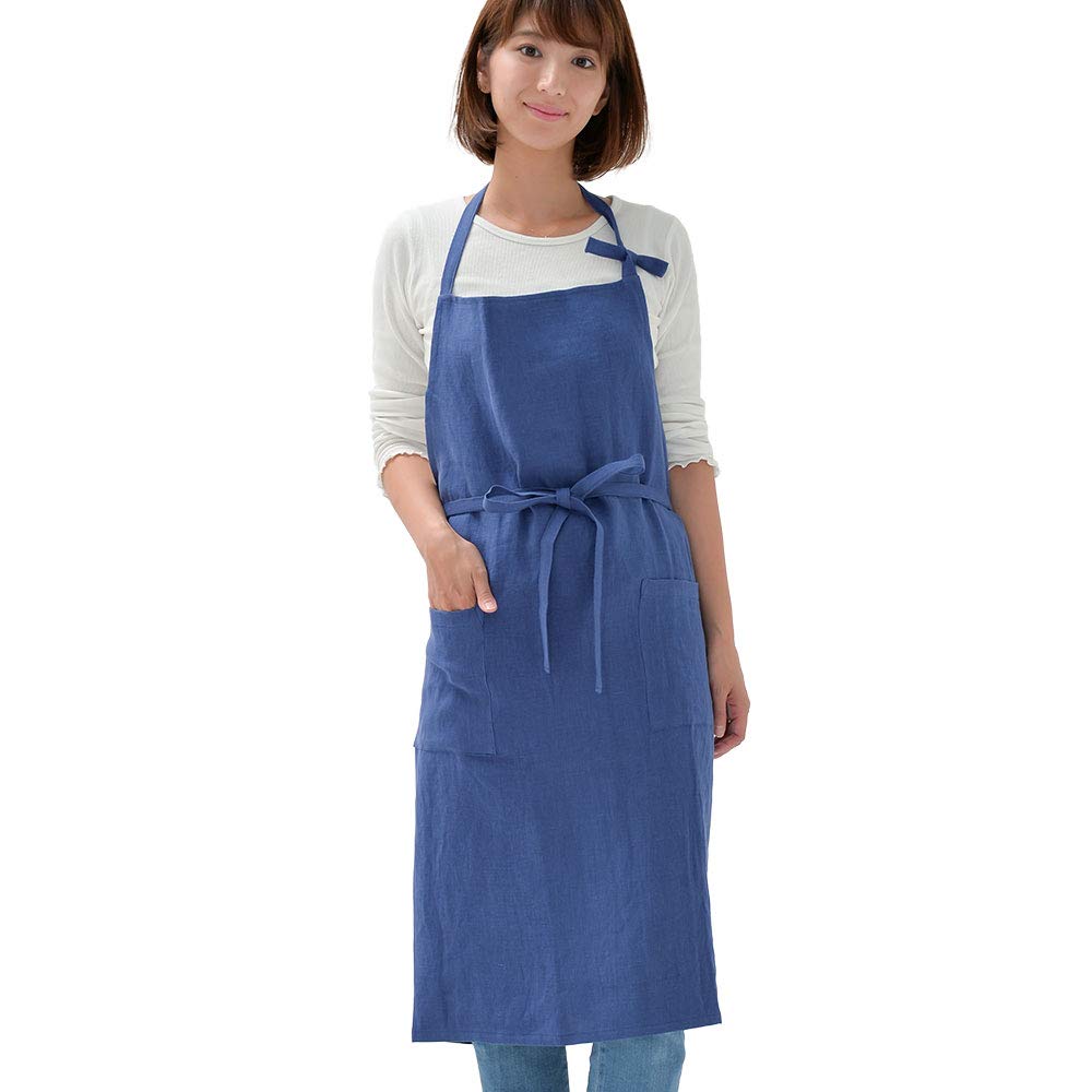 fabrizm Made in Japan Full Apron Long Length Soft Linen Indigo Blue 1549-bl-bl