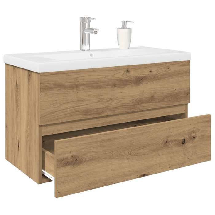 VidaXL Meuble lavabo avec bassin et robinet intégrés chêne artisanal, armoire lavabo de salle de bain, meuble de salle de 3328934