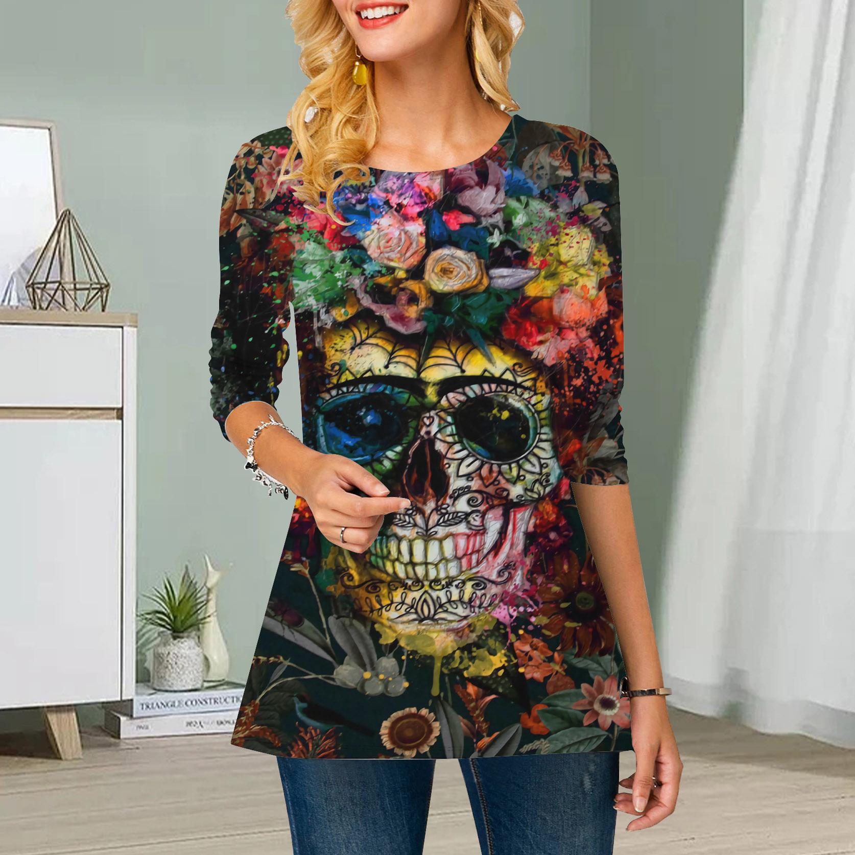 

Плюс Размер Женский Цветочный Скелет Роза Принт Круглый Вырез Повседневный Свободный Длинный Рукав Топ 8XL разноцветный