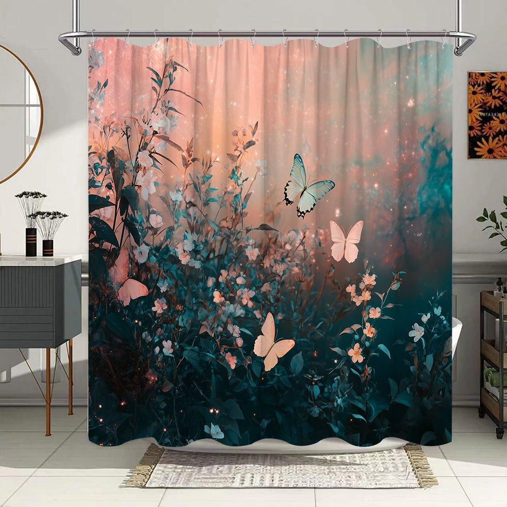 

1Pc Ethereal Butterfly Shower Curtain - Pastel Pink & Blue Sky Floral Meadow Whimsical Dreamy Night Scene, Magical Bathroom Deco W60H190(CM)-1 Pcs