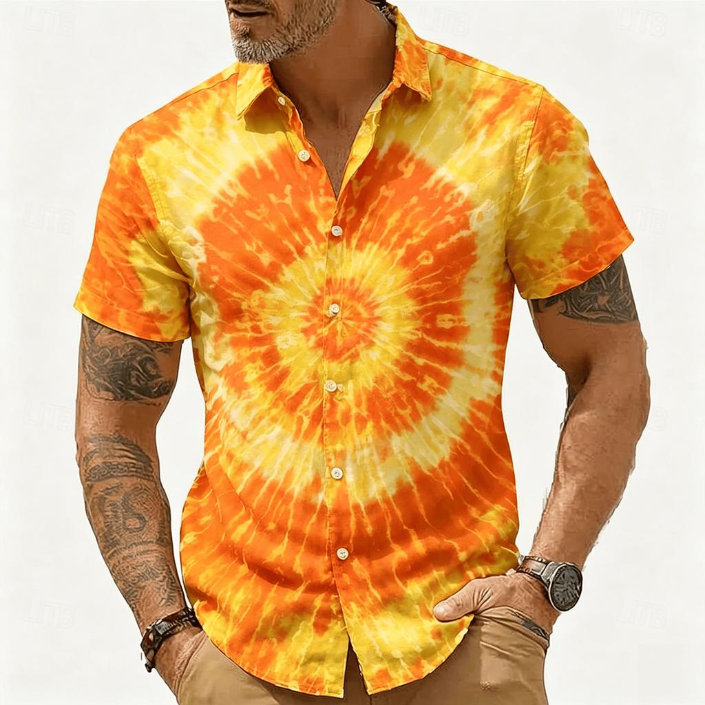 Men's Neon Lightning Tie Dye Print Short Sleeve Shirt, Retro Psychedelic Button Up Shirt for Spring & Summer