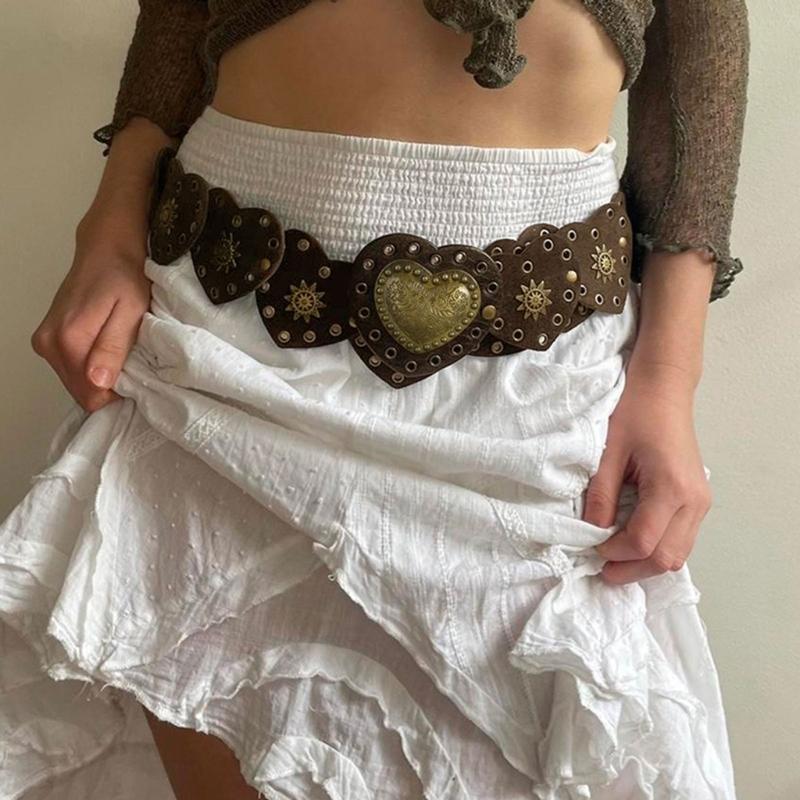 Unique Cutout Waist Belt for Women PU Leather White Embellished Brown Belt Decorated with White Love Heart Belt