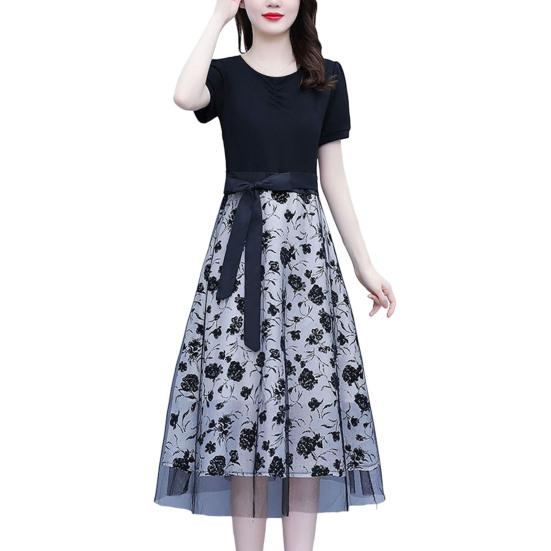 

Женское платье миди с цветочным принтом, поддельное сетчатое платье из двух частей с бантом и узкой талией для свиданий с короткими рукавами и круглым вырезом, женское вечернее летнее платье, женская одежда L