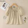 ZANZEA Women Lace Splice Square Collar Casual Short Sleeve Blouse