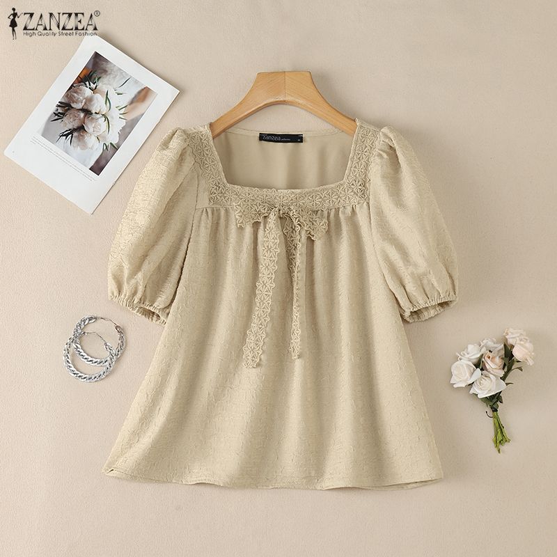 ZANZEA Women Lace Splice Square Collar Casual Short Sleeve Blouse