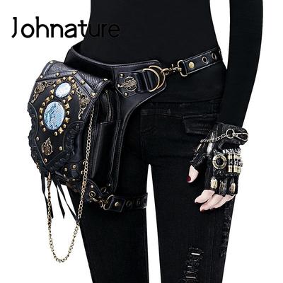 Steampunk Chain Rivet Waist Pack Unisex Moto & Biker Belt Bag Multifunctional Pu Leather Shoulder Bags