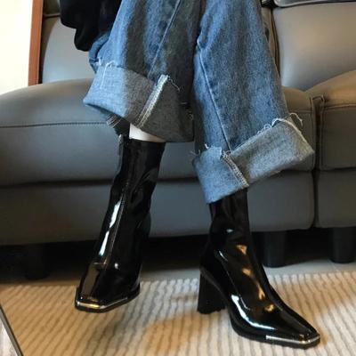 Patent Leather Women Knight Short Boots Fashion Side Zippers Ankle Booties Thick High Heel Autumn Winter Ladies Shoes