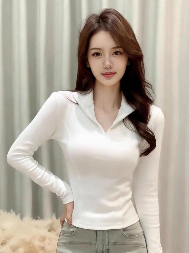 Women's Slimming Half-Zip Lapel T-Shirt - American Minimalist Style for Autumn/Winter