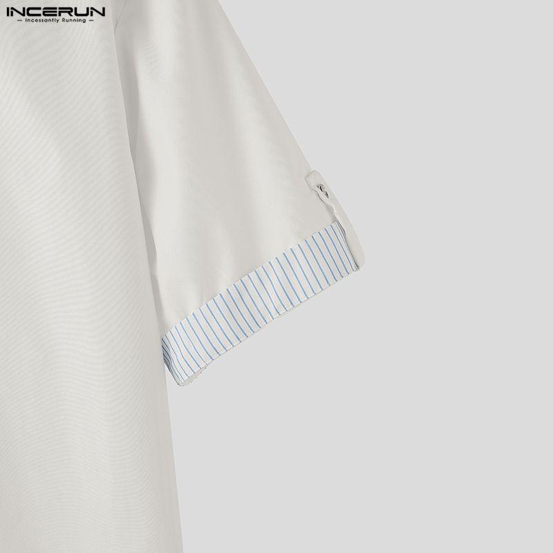 INCERUN Men Lapel Neck Short Sleeve Striped Print Oversized Shirts Tops
