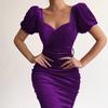 Belt Waist Tight Hip Wrap Skinny Elegant Dress Square Collar Puff Short Sleeve Bodycon Gown Dress Female Clothing
