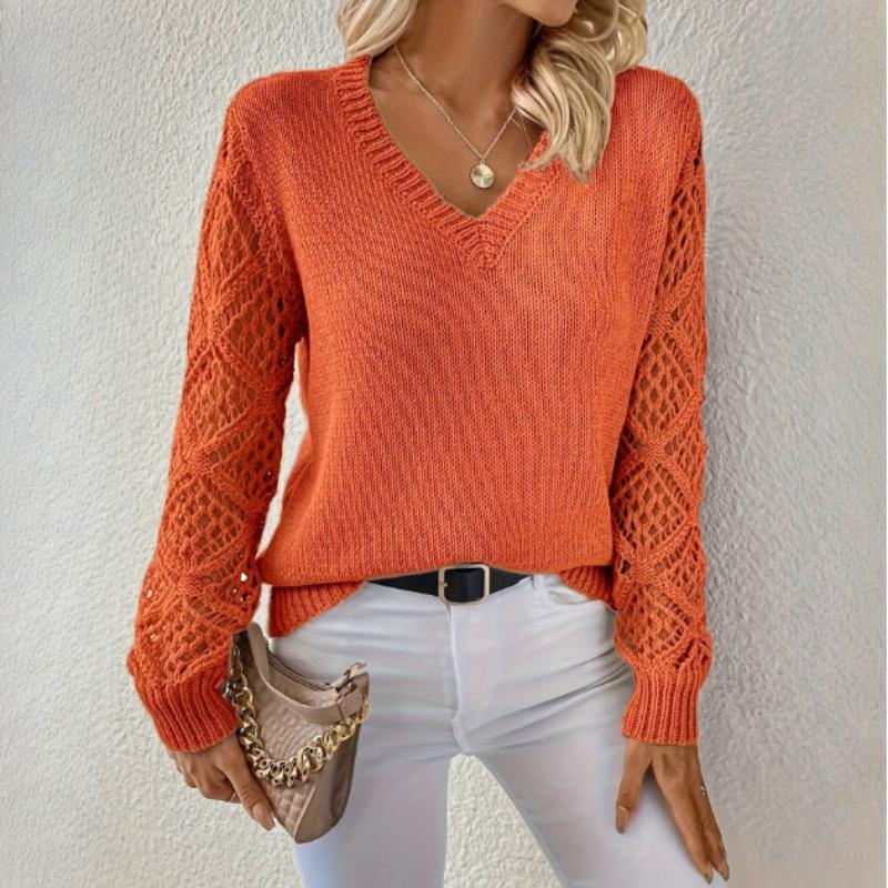Spring and Autumn Jacket Hollow Knitted Sweater Women's Pullover Long-sleeved Crochet Jacquard Loose V-neck Bottoming Top