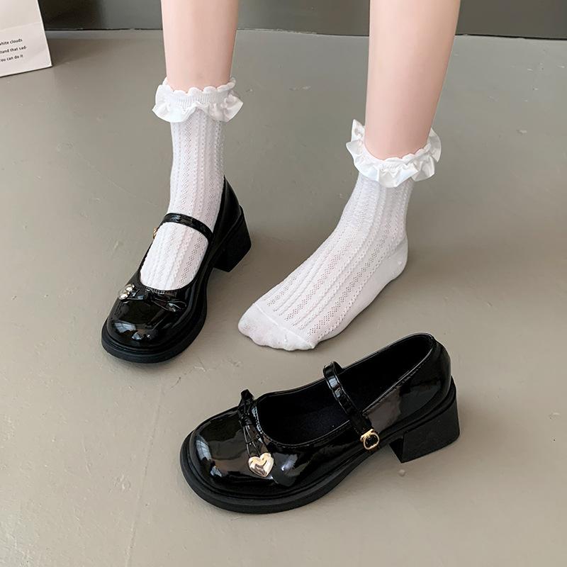 Retro thick heel Mary Jane shoes women's 2025 new bow jk single shoes black one-word buckle belt small leather shoes