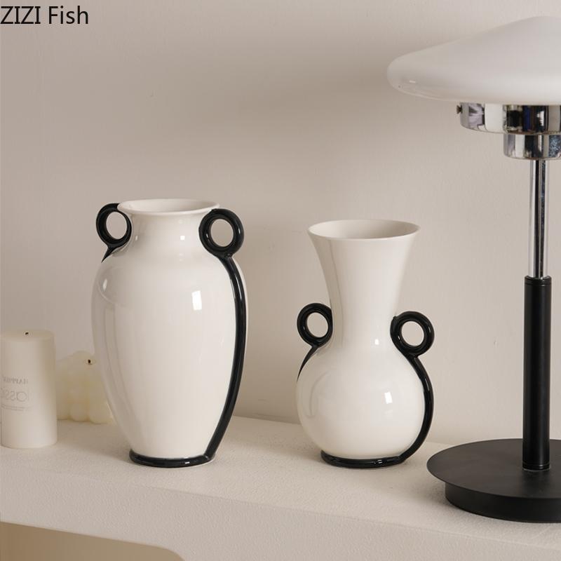 Double-ear Handles Ceramic Vase Minimalist Flower Pots Desk Decoration Flower Arrangement Floral Vases Room Aesthetic Decor