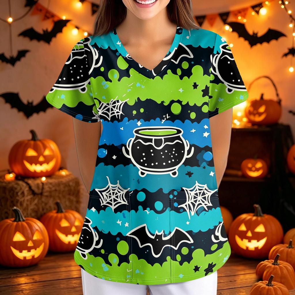 Women Halloween Print Loose V Neck Short Sleeve Medical Scrub Top with Pockets Nurse Uniform Work Shirt for Healthcare Professionals