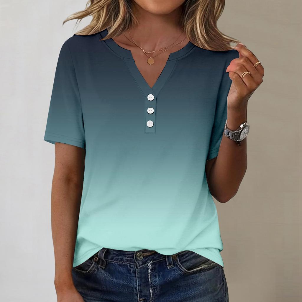 Women's Fashionable Casual Short-sleeved Gradient Printed V-neck Top