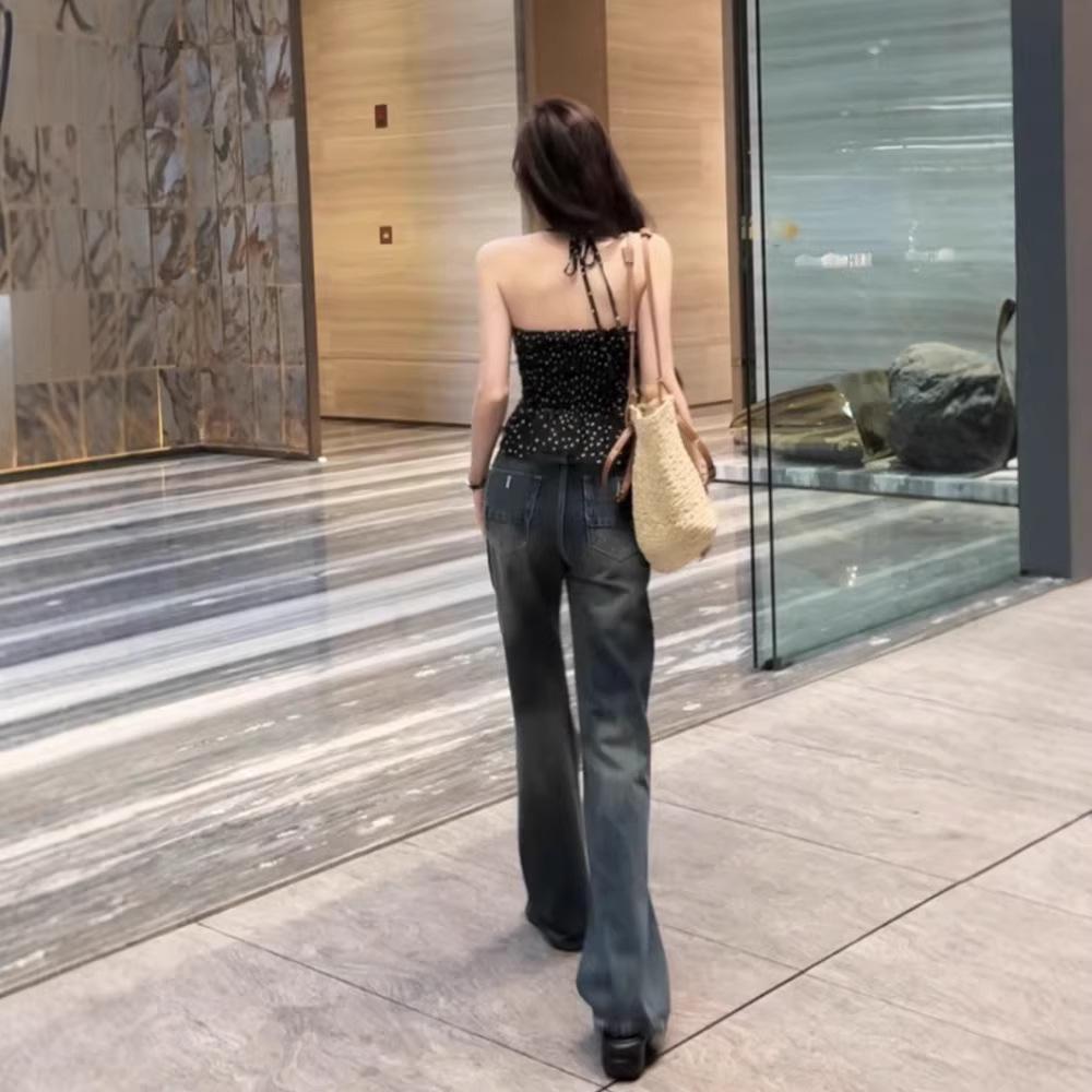 Hong Kong style retro chic leopard print neck sling vest women's summer high street American hottie backless short top