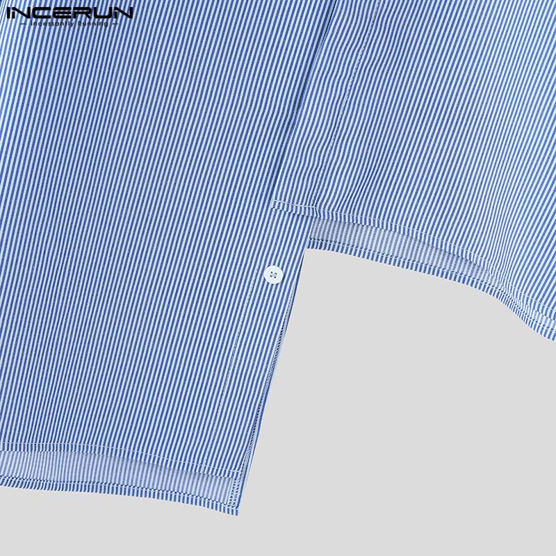 INCERUN Men Lapel Neck Short Sleeve Striped Casual Loose Irregular Cropped Shirts
