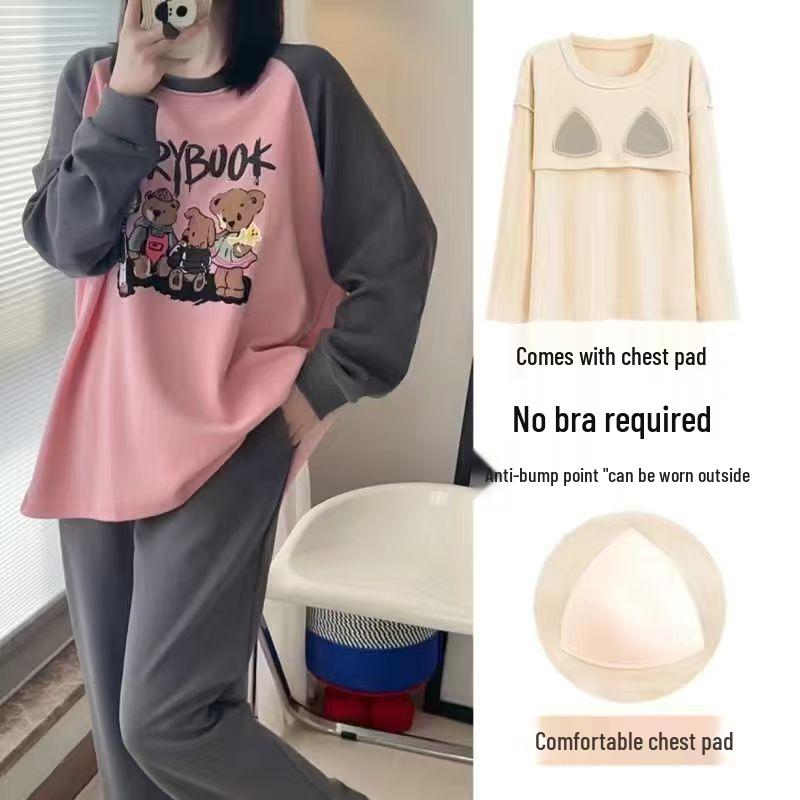 Women's Pajama Set with Chest Pad - Long Sleeve, Long Pants, Plus Size, Casual Homewear for Spring, Autumn, Winter