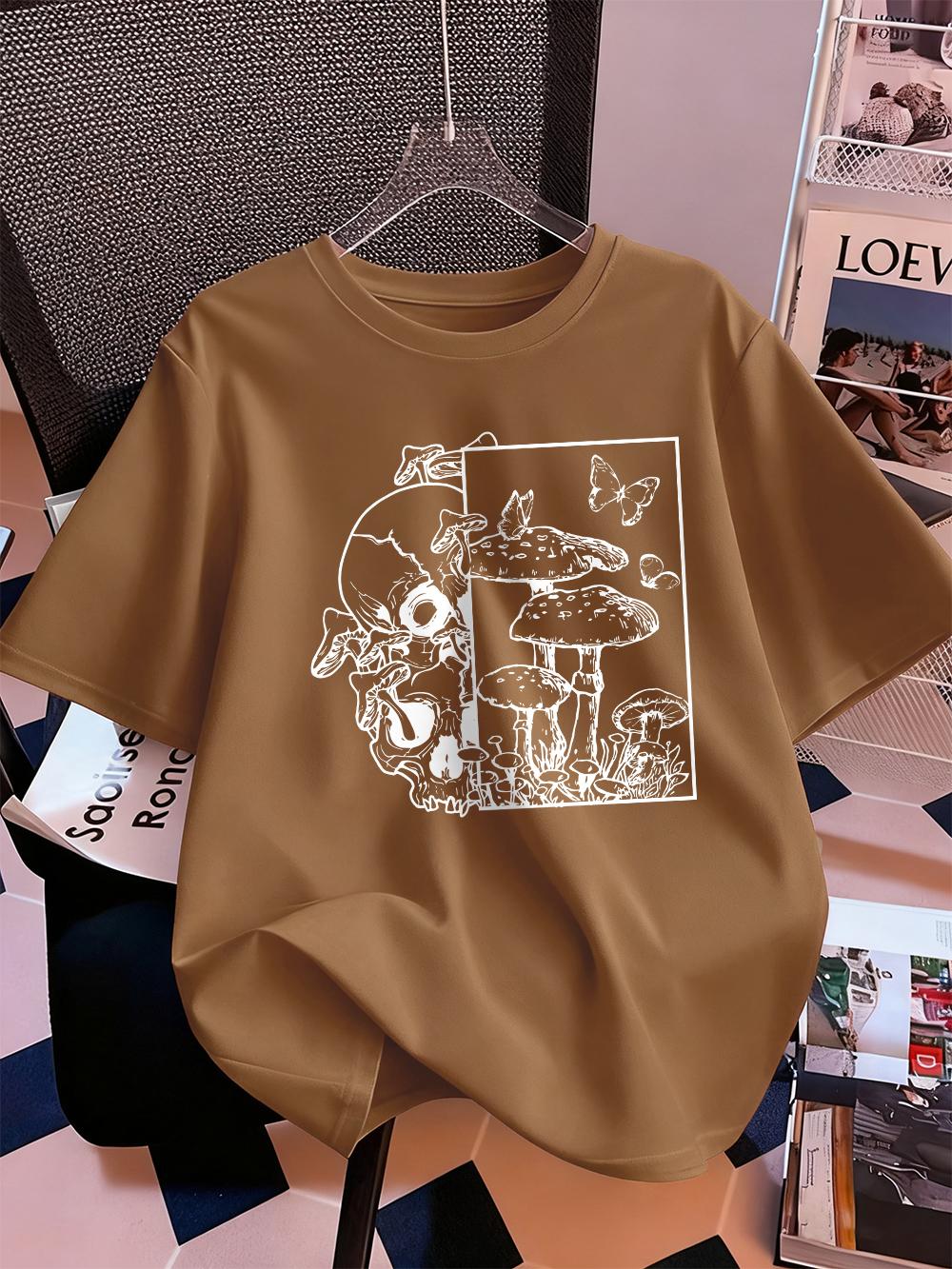 

Skeleton Mushrooms Butterfly Prints Short Sleeve TShirts Womens Summer Cotton Tee Shirts ONeck Soft Loose Tops Casual Clothes S