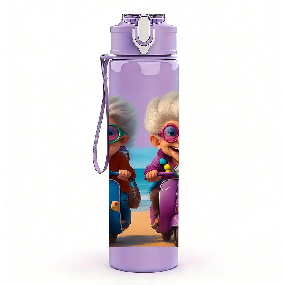1PC Two Elderly Ladies Cartoon Print 750ml Color Plastic Sports Water Bottle Leakproof Flip Straw Lid Suitable for Sports Office Home Use
