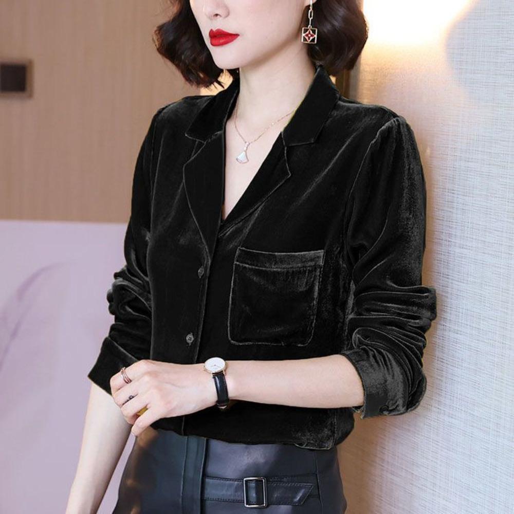 Spring Autumn Velvet Elegant Fashion Solid Shirt Ladies Polo-neck Long Sleeve Buttons Vintage Top Women Loose Casual Blouse
