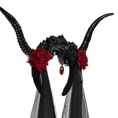 Gotik Koyun Boynuzu Gül ve Tül Saç Bandı Şeytan Başlığı Başlık Süslü Başlık Cosplay Saç Aksesuarları