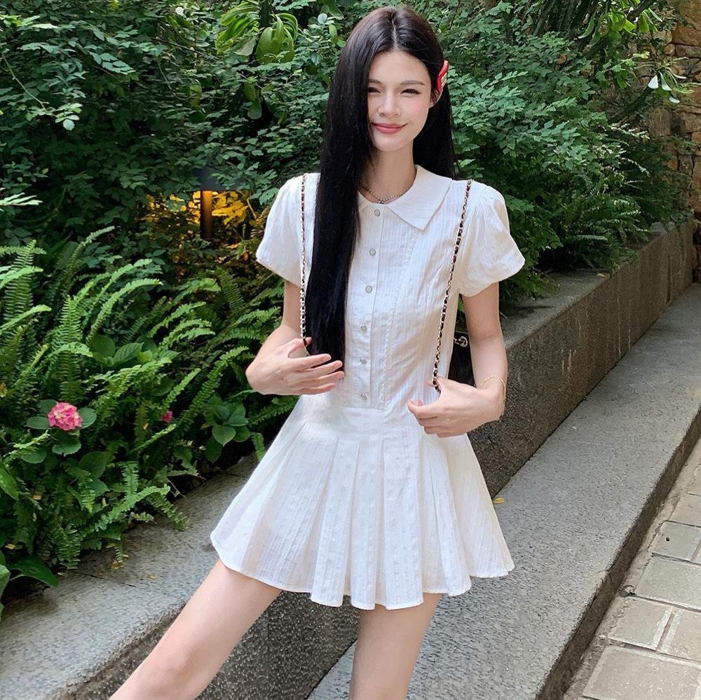(with Inner Lining) College Style White Short-sleeved Shirt Dress Summer New A-shaped Skirt Small Pleated Short Skirt