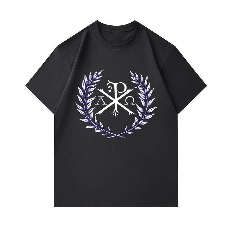 Men's 100% Cotton Crew Neck Short Sleeve T-Shirt, Chi Rho Alpha Omega Laurel Wreath Print Casual Comfortable Breathable Fashion Tee for Daily Wear Rel