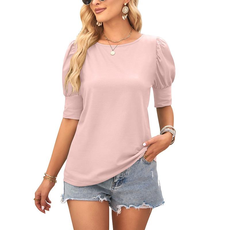 Women's Summer Round Neck Solid Color Button Loose Casual Short-sleeved T-shirt Top