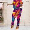 Women Plus Size Two Piece Set Short Sleeve Top Pocket Pants Rainbow Heart Print Outfit