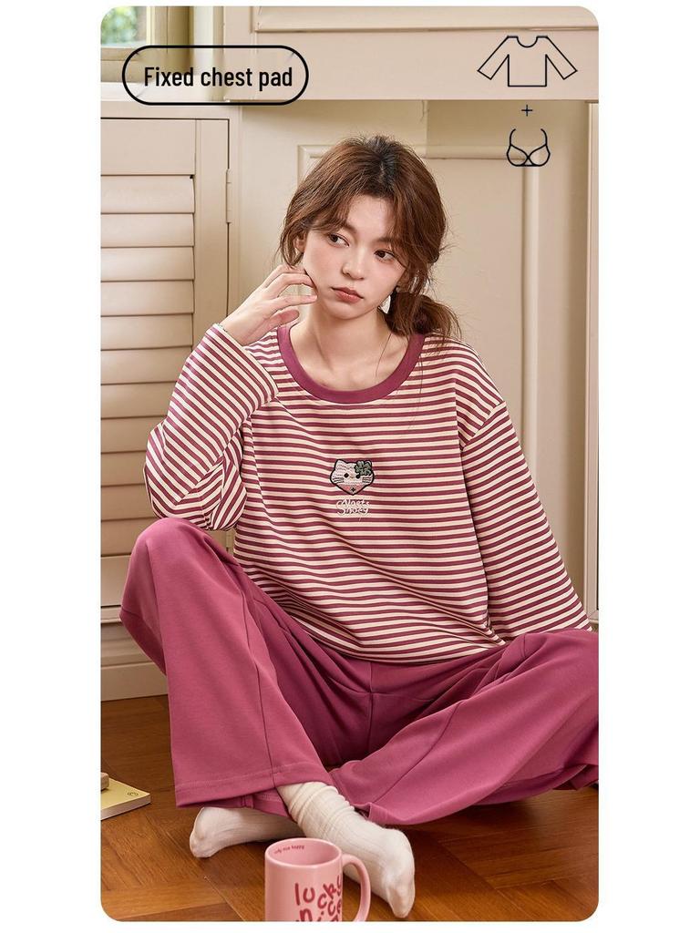 Women's Long-Sleeve Sweet Cartoon Homewear Set with Built-in Bra Pads - Spring/Autumn Cotton