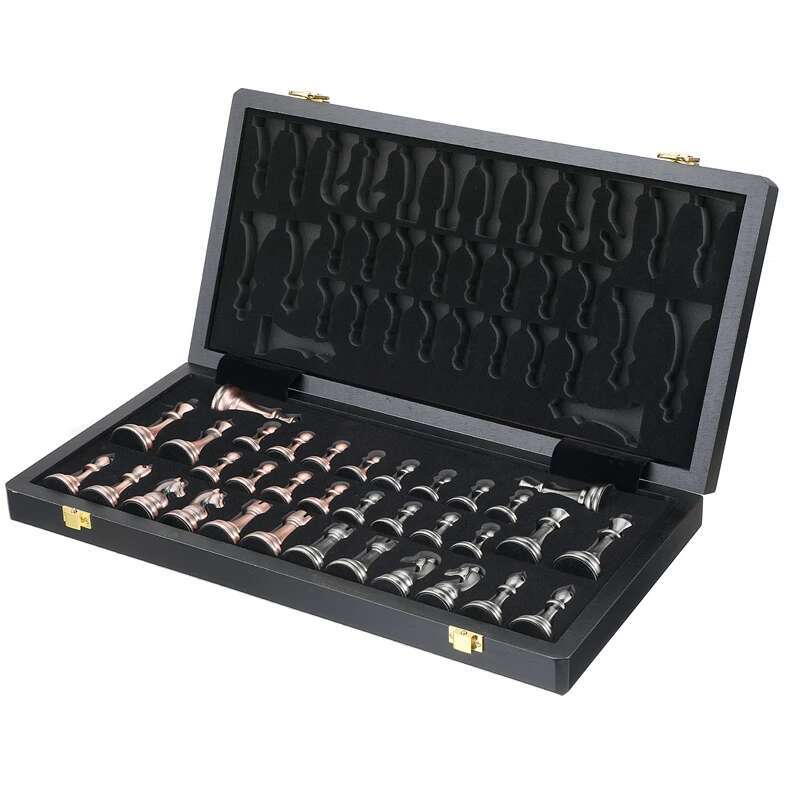 High-End Metal Chess Pieces, Wooden Chessboard, 38Cm/15Inch, Large Foldable Classic Game Collection For Chess Enthusiasts